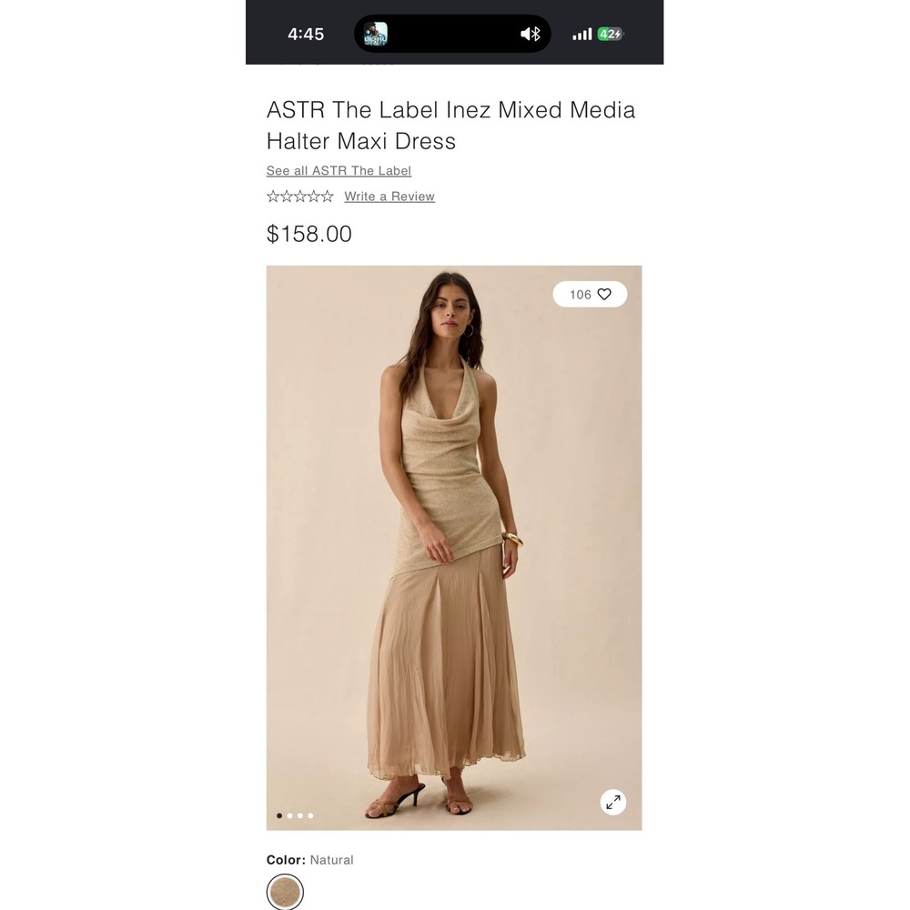 ASTR Inez Mixed Media Halter Maxi Dress Natural Tan Cowl Neck M Boho Neutral